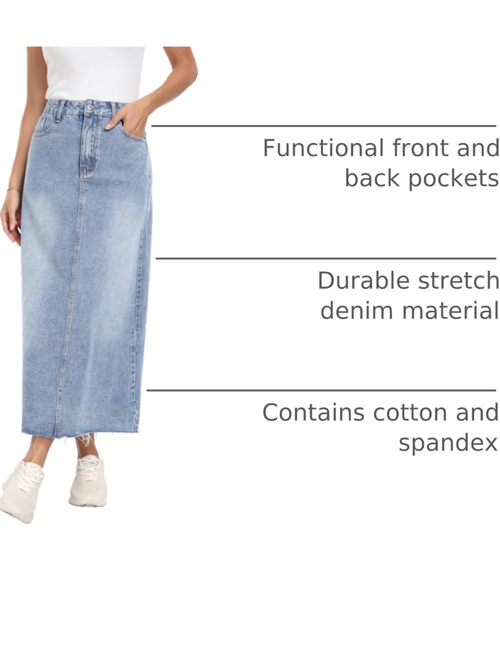 Denim Skirt Stretch High Waisted Frayed Raw Hem A Line Midi Skirt with Pockets - Picture 3 of 7